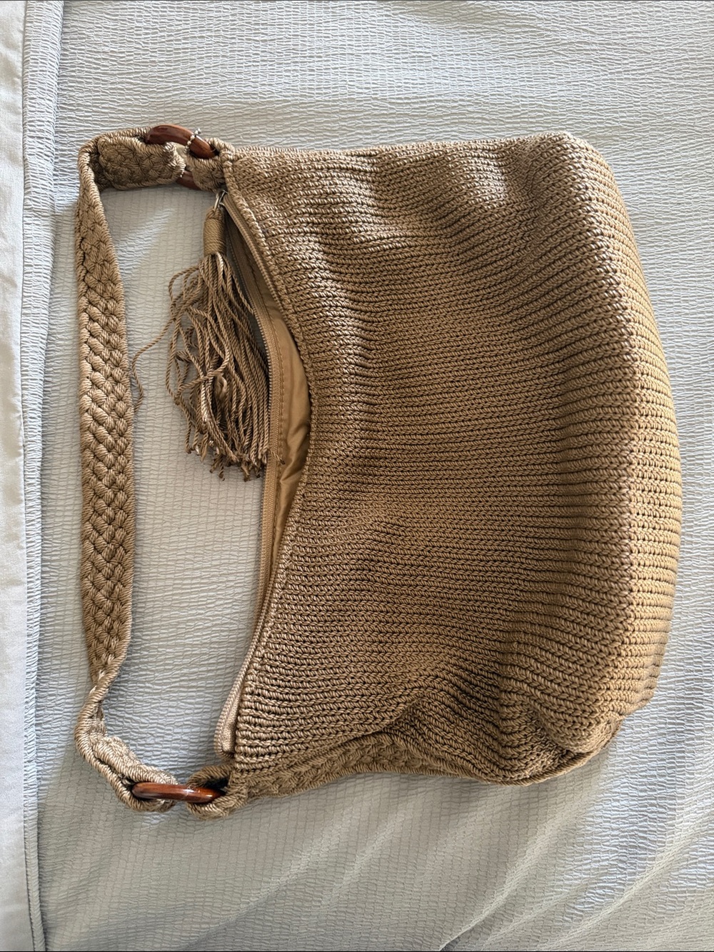 Woven Tassel Shoulder Bag in Camel